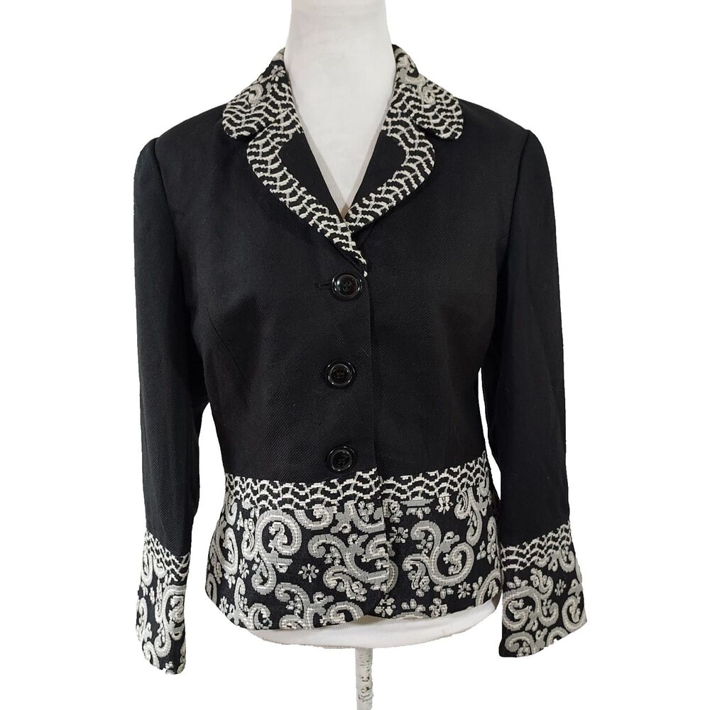 Coldwater Creek Blazer Jacket Size P10 Lined Button Up Black White Long Sleeve